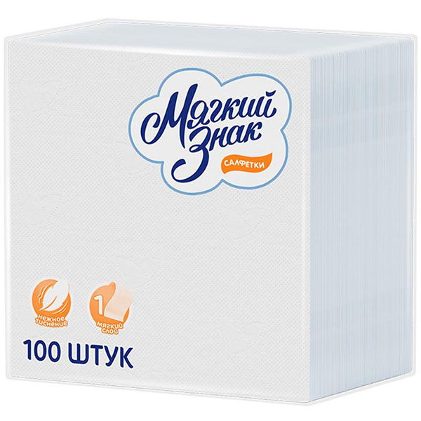 Салфетки бум, 1сл, 24*24, 100шт, МЯГКИЙ ЗНАК c4, белые