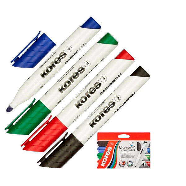 Набор маркеров для белых досок в упаковке 4 шт., 4 цвета, круглый, толщина линии письма 3 мм, Kores, 20843, Чехия