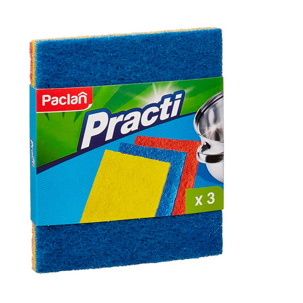 Губки бытовые для мытья посуды, абразивные, в упаковке 3 шт., 150*125*20 мм, Paclan, "Practi", Россия