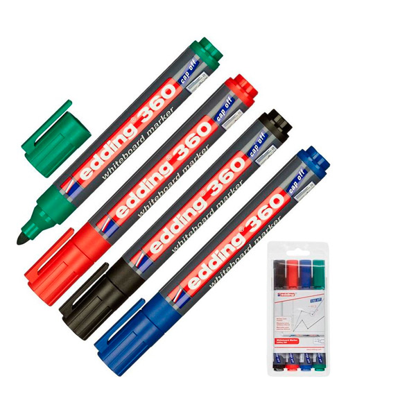 Набор маркеров для белых досок в упаковке 4 шт., 4 цвета, круглый, толщина линии письма 1,5-3 мм, Edding, e-360/4S, Германия