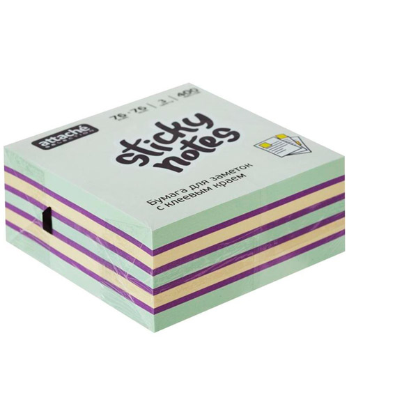 Куб с клейким слоем 76*76 мм, 400 листов, 3 цвета, неон и пастель ассорти, Attache Selection, "Радуга", Китай