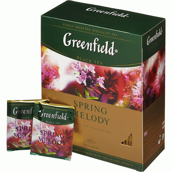 Чай пакетированный Greenfield, "Spring Melody", черный индийский, с мятой, смородиной, чабрецом, 100 пакетиков по 2 г, Россия