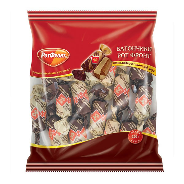 Конфеты шоколадные, Рот Фронт, "Батончики" шоколадно-сливочный вкус, вес  250 г, упаковка мягкая упаковка, Россия