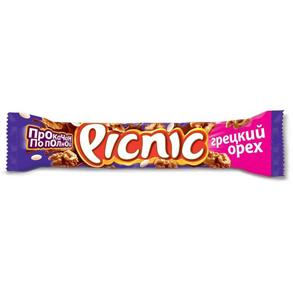 Батончик шоколадный, Picnic, "Грецкий орех", комплект 1 шт., вес 52 г, Россия