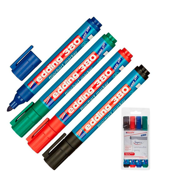 Набор маркеров для флипчарта Edding, E-380, комплект 4 шт., 4 цвета, круглые, толщина линии письма 2,2 мм, Германия
