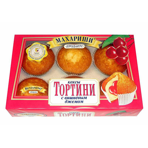 Кекс Махариши, "Тортини", вишневый джем, упаковка мягкая, вес 200 г, Россия