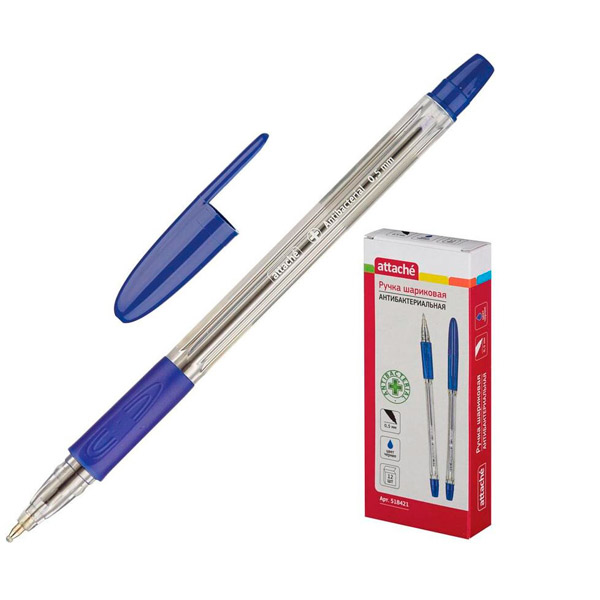 Ручка шариковая одноразовая Attache, "Antibacterial А03", цвет чернил синий, толщина линии письма 0,5 мм, прозрачный, наличие резиновой манжетки, Китай