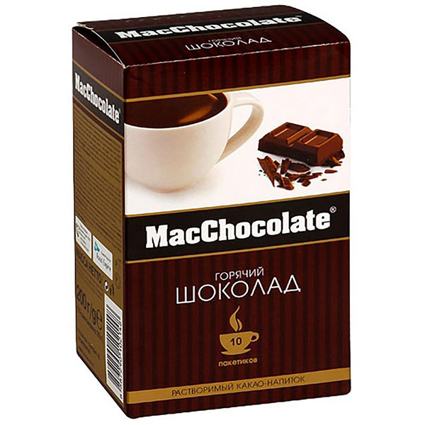 Напиток горячий шоколад, MacChocolate, классический аромат, растворимый, порционный, 10шт*20г, картонная коробка, Россия