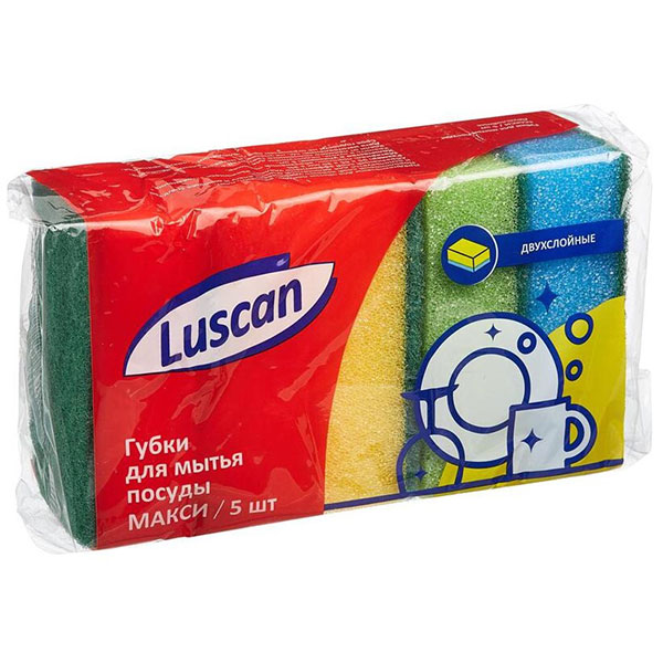 Губки бытовые для мытья посуды, поролоновые, в упаковке  5 шт., 95*65*30 мм, Luscan, "Макси", с абразивным слоем, Россия