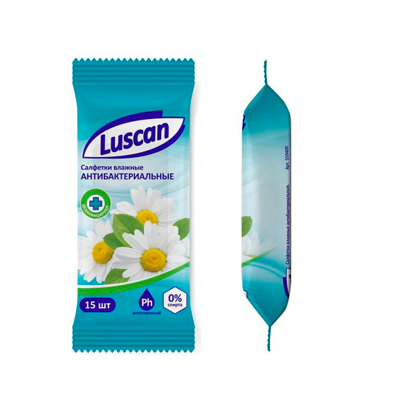 Салфетки влажные Антибактериальные, с ромашкой, Luscan, упаковка мягкая