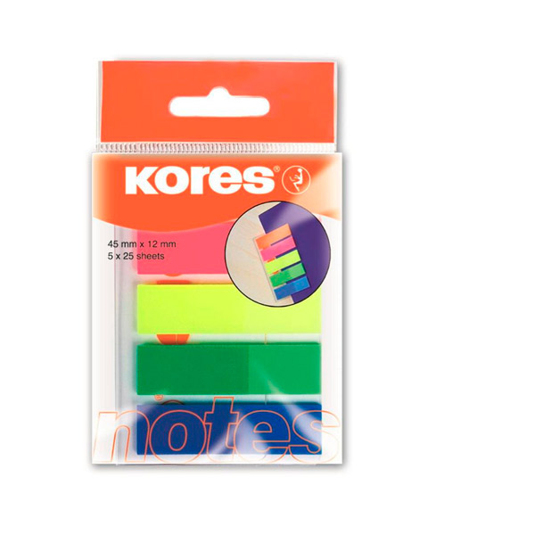 Закладки клейкие Kores, "Film", пластиковые, 12*45 мм,  5 цветов по  25 листов, неон, Китай