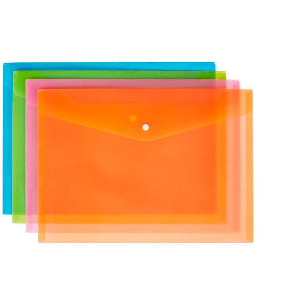 Папка-конверт с кнопкой A4, в упаковке  8 шт, прозрачный тонированный пластик, цвет ассорти, плотность 180 мкм, Attache, "Fantasy", Россия