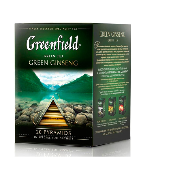 Чай пакетированный Greenfield, "Green Ginseng", зеленый, с женьшенем,  20 пирамидок по 1,8 г, Россия