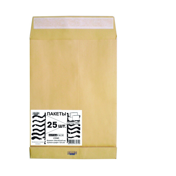 Почтовый пакет, B4, объемный, 250*353*40 мм, крафт-бумага, цвет коричневый, стрип, в упаковке  25 шт., Extrapack, Россия