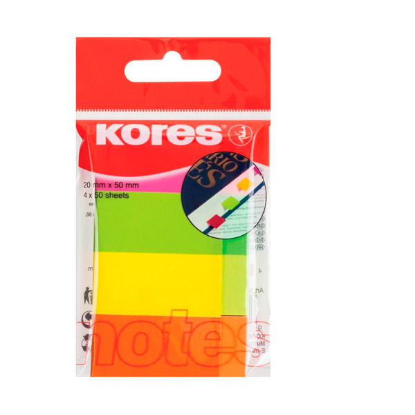Закладки клейкие Kores, бумажные, 20*50 мм,  4 цвета по  50 листов, неон, Германия