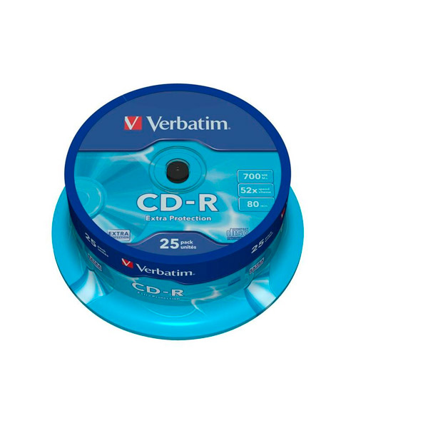 Диск тип CD-R, 0,7 GB, в упаковке 25 шт., Verbatim, "Extra Protection", скорость записи 52x, cake box, Китай