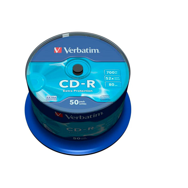 Диск тип CD-R, 0,7 GB, в упаковке 50 шт., Verbatim, скорость записи 52x, cake box, Тайвань