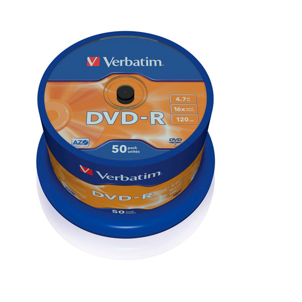 Диск тип DVD-R, 4,7 GB, в упаковке 50 шт., Verbatim, скорость записи 16x, cake box, Китай