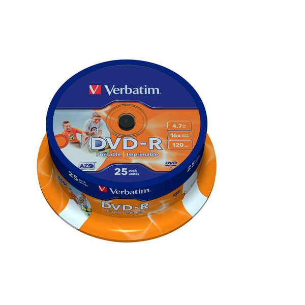 Диск тип DVD-R, 4,7 GB, в упаковке 25 шт., Verbatim, Printable, скорость записи 16x, cake box, Китай