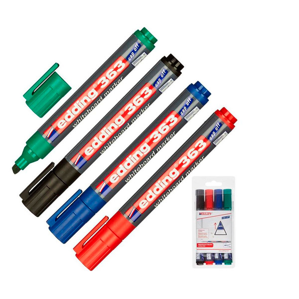Набор маркеров для белых досок в упаковке 4 шт., 4 цвета, скошенный, толщина линии письма 1-5 мм, Edding, 363/4S, Германия