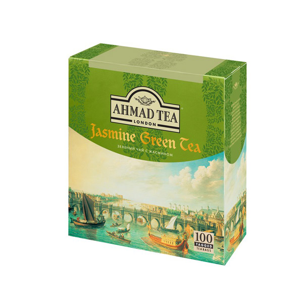 Чай пакетированный Ahmad Tea, "Green Jasmine Tea", зеленый, с жасмином, 100 пакетиков по 2 г, Россия