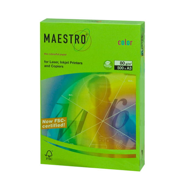 Бумага офисная A3 MAESTRO, "Color", плотность  80 г/кв.м, 500 листов, блок зеленый интенсив, MA42