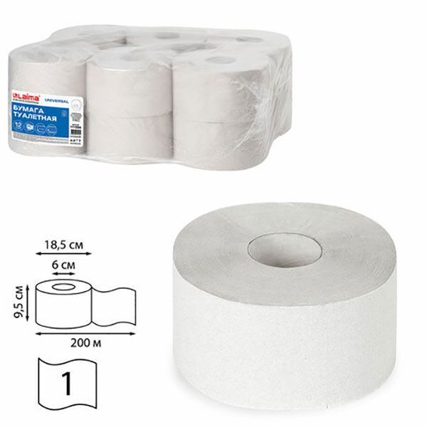 Туалетная бумага в рулонах, LAIMA, T2, Universal, 1-сл, 12 рул*200 м, цвет натуральный, 111334