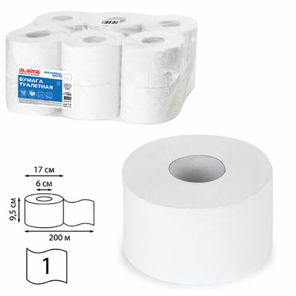 Туалетная бумага в рулонах, LAIMA, Universal, T2, 1-сл, 12 рул*200 м, цвет белый, 111335