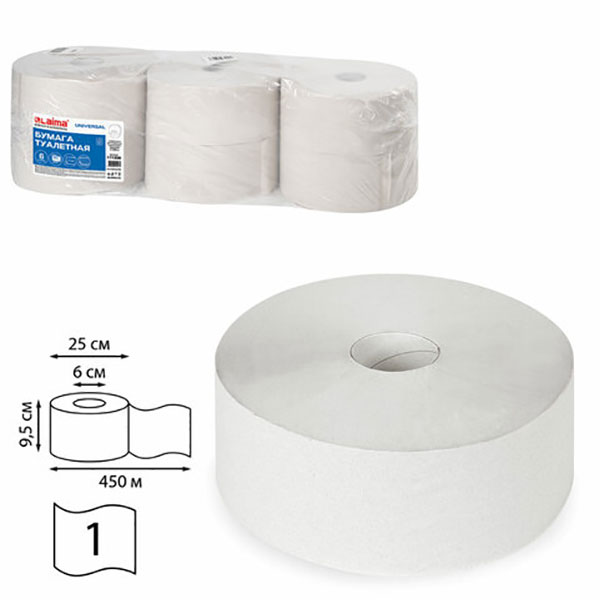 Туалетная бумага в рулонах, LAIMA, "Universal", T1, 1-сл,  6 рул*450 м, цвет белый, 111336
