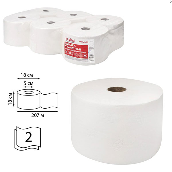 Туалетная бумага в рулонах, LAIMA, "Premium", T8, 2-сл,  6 рул*207 м, цвет белый