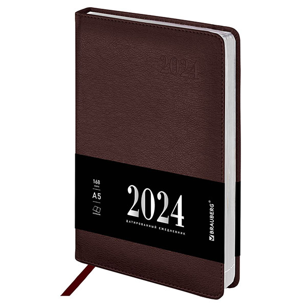 Ежедневник датированный 2024, A5, BRAUBERG, "Impression", 138*213 мм, 168 листов, коричневый, обложка под гладкую кожу, цветной срез