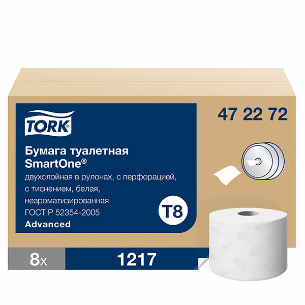 Туалетная бумага в рулонах, Tork, "SmartOne Advanced", T8, 2-сл,  8 рул*207 м, цвет белый, 472272