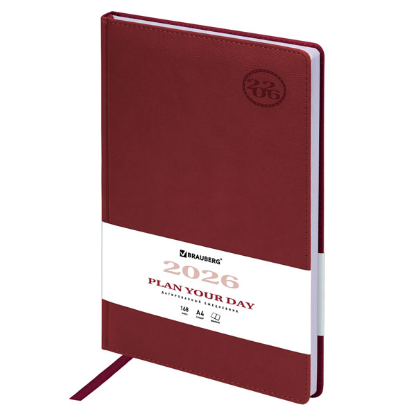 Ежедневник датир. 2026г, А4, бордовый, под кожу, белый срез, 210х297мм, 168л, BRAUBERG "Favorite", 117240
