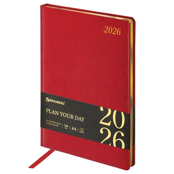 Ежедневник датир. 2026г, А4, красный, под кожу, золотой срез, 210х297мм, 168л, BRAUBERG "Iguana", 117246