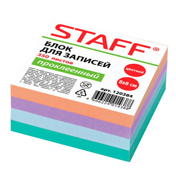 Блок-кубик цветной на склейке 80*80*29 мм, STAFF, 120384, цвет ассорти, Россия