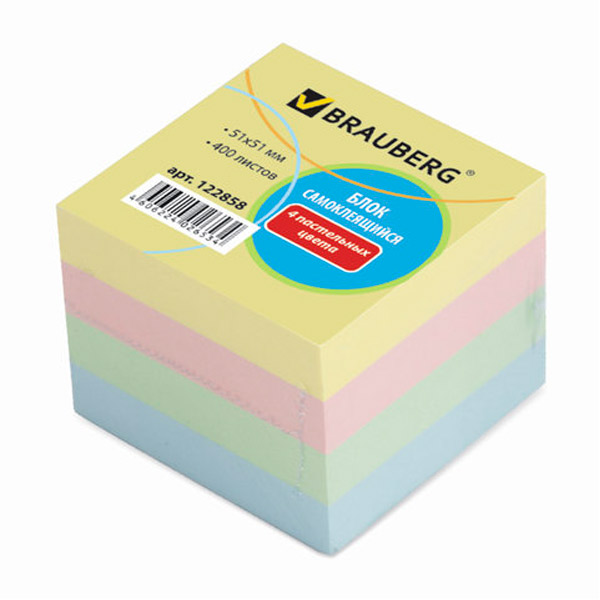 Куб с клейким слоем 51*51 мм, 400 листов, 4 цвета, пастель ассорти, BRAUBERG, 122858, Китай