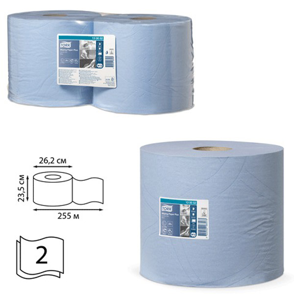 Протирочный материал бумажный, Tork, рулон, W1, W2, 2-сл, 255 м, цвет голубой, комплект 2 шт., 130052