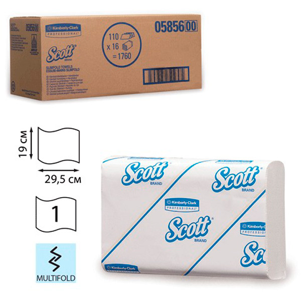 Полотенца бумажные KIMBERLY-CLARK, "Scott", H2, Slimfold (Z) сложение, 1-сл, 16пач*110л, цвет белый, 5856