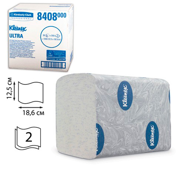 Туалетная бумага листовая, KIMBERLY-CLARK, "KLEENEX Ultra", T3, 2-сл, 36 пач*200 л, цвет белый, 8408