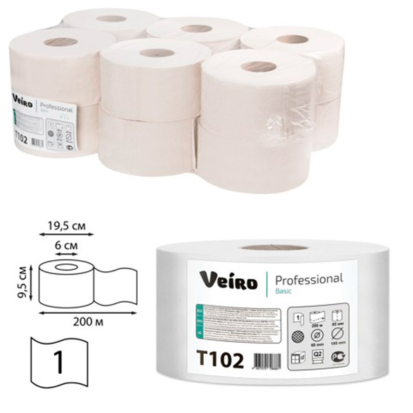 Туалетная бумага в рулонах, Veiro, "Professional Basic", T2, 1-сл, 12 рул*200 м, цвет натуральный, T102