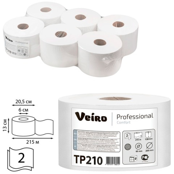 Туалетная бумага в рулонах, Veiro, "Professional Comfort", T8, 2-сл,  6 рул*215 м, цвет белый, ТР210