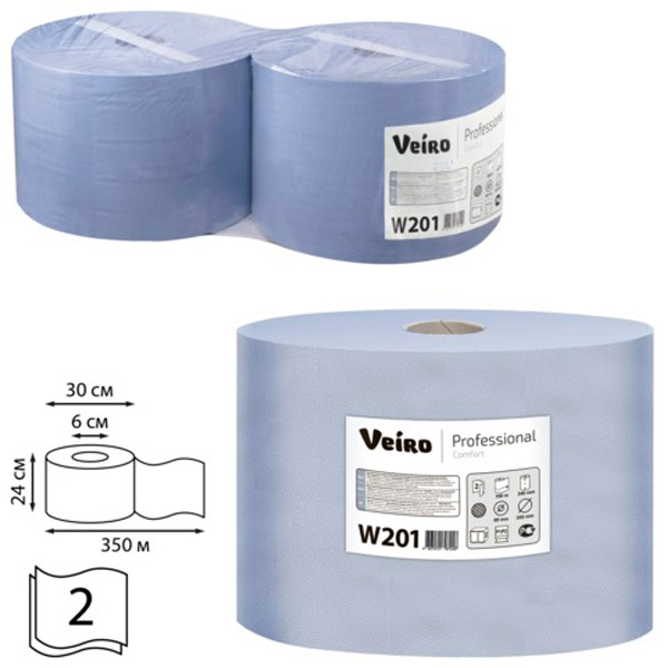 Протирочный материал бумажный, Veiro Professional, "Comfort", рулон, W1, 2-сл, 350 м, цвет голубой, комплект 2 шт., W201