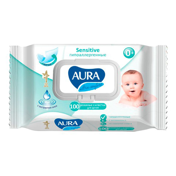 Салфетки влажные детские AURA, "Ultra comfort", гипоаллергенные, комплект 100 шт.