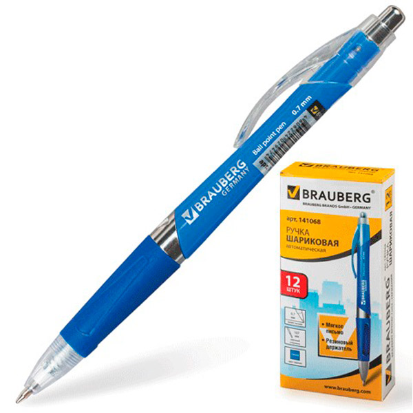 Ручка шариковая автоматическая BRAUBERG, "Rave", цвет чернил синий, толщина линии письма 0,35 мм, синий, Китай