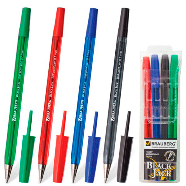 Набор шариковых ручек BRAUBERG, "Black Jack", 4 цвета, цвет чернил ассорти, 4 шт., толщина линии письма 0,7 мм, Китай, 4 шариковые ручки