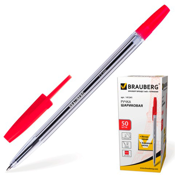 Ручка шариковая BRAUBERG, "Line", 141341, цвет чернил красный, толщина линии письма 0,5 мм, корпус пластик, прозрачный, Китай