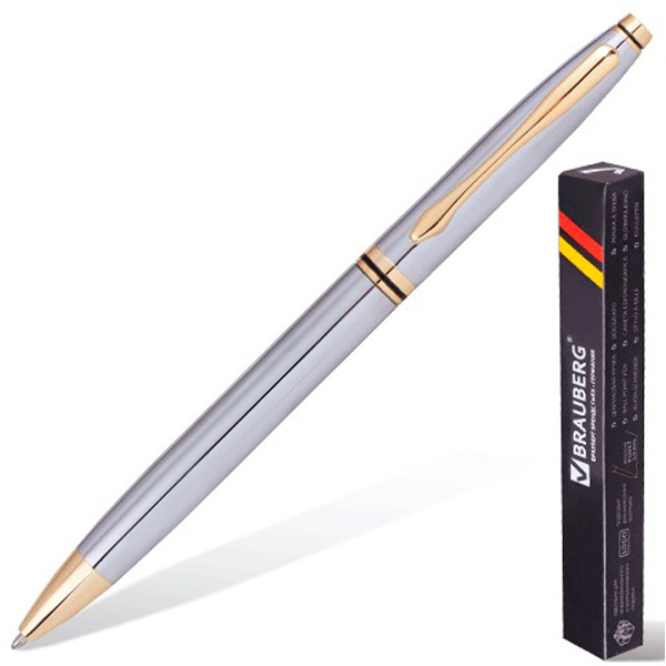 Ручка шариковая BRAUBERG, "De luxe Silver", серебристый, корпус металл, цвет чернил синий, Китай