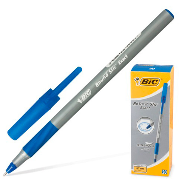 Ручка шариковая одноразовая BIC, "Round Stic Exact", цвет чернил синий, толщина линии письма 0,3 мм, серый, наличие резиновой манжетки, Мексика