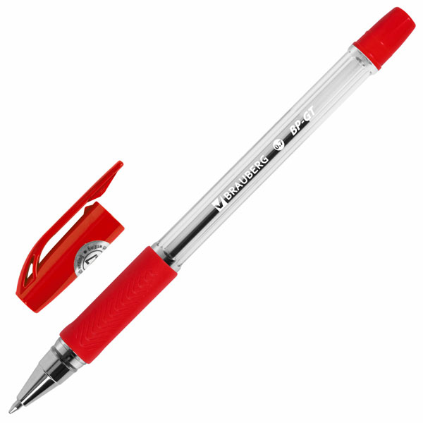 Ручка шарик. BRAUBERG "BP-GT", красная, 0,7мм, линия 0,35мм, грип, прозрачный корп., 144007