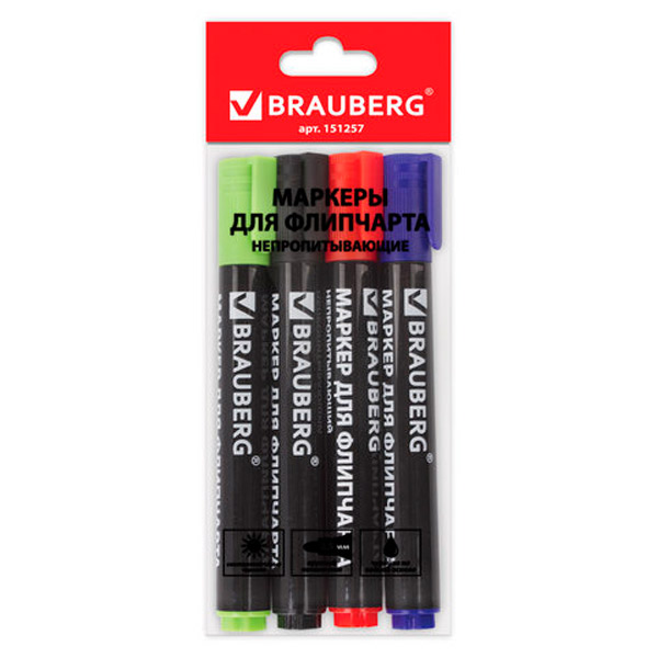 Набор маркеров для флипчарта BRAUBERG, комплект 4 шт., 4 цвета, круглые, толщина линии письма 2,5 мм, Китай